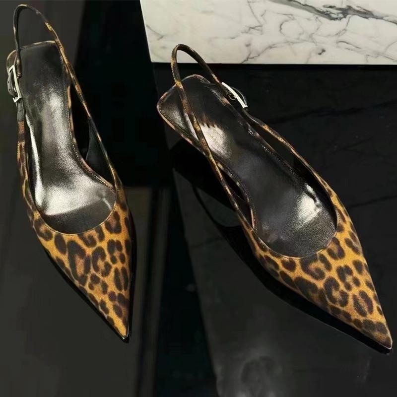 Sexy Women's Low Heel Pointed Toe Pumps Leopard Print Kitten Heel Sandals Open Toe High Heels Shoes