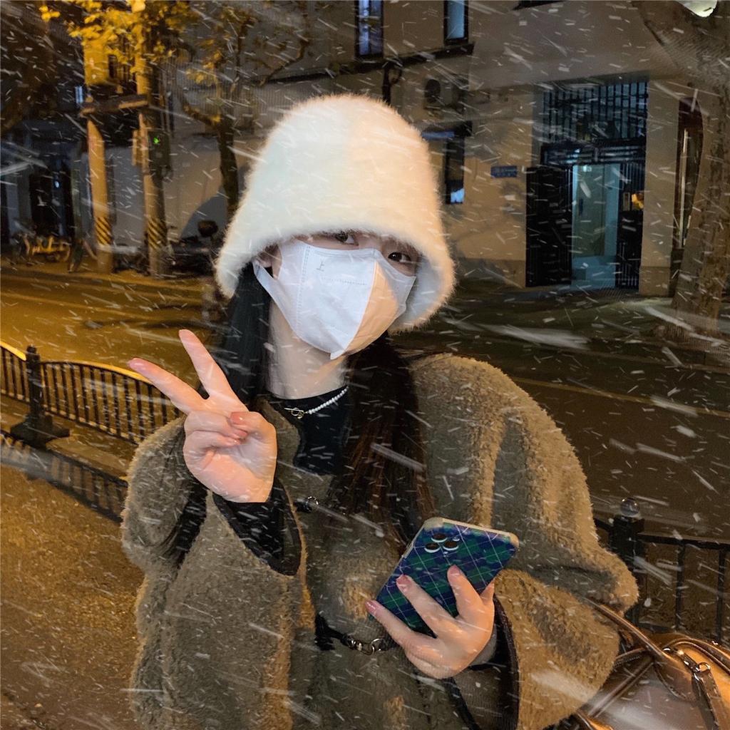 Japanese Style Retro Versatile Face Cover Rabbit Fur Bucket Hat for Women Korean Autumn and Winter Warm Fisherman Hat  Ins Headwear