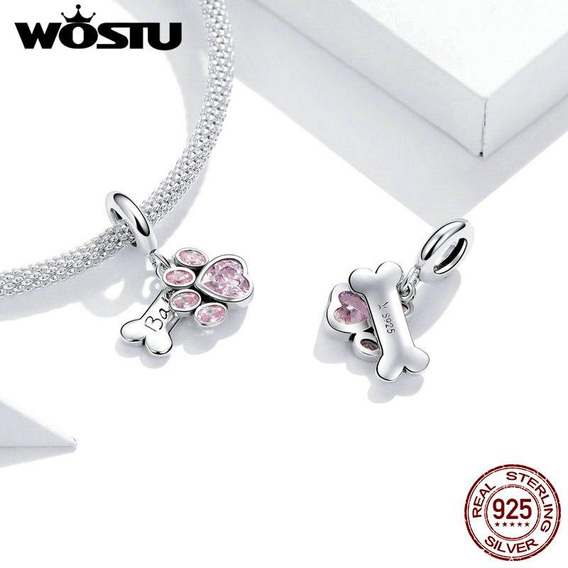 WOSTU Skutečné 925 Sterling Silver Pes Paw Stopa Korálek Růžový Zirkon Bone Charm Fit Originální náramek s přívěskem Šperky