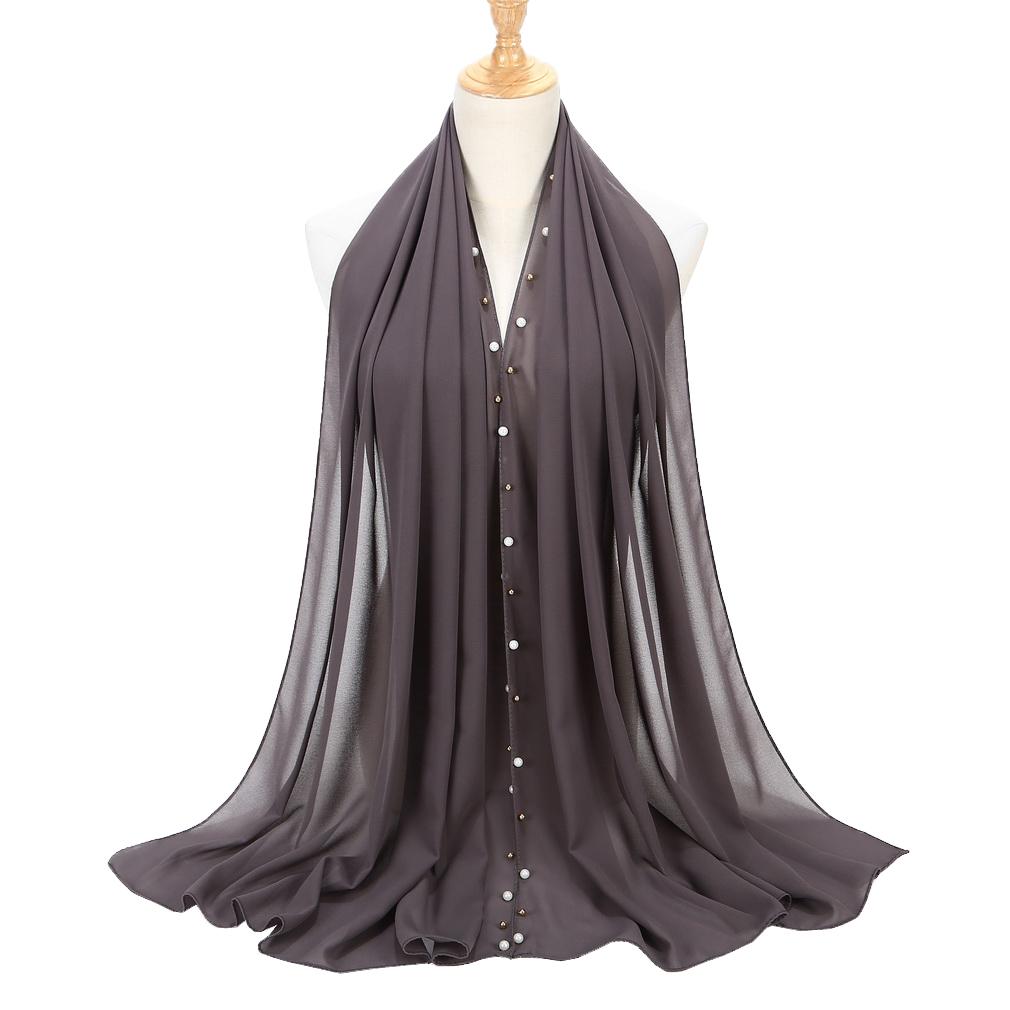 Women's Solid Chiffon Pearl Scarf, Elegant Beaded Hijab Shawl, Muslim Headscarf for Daily/Party