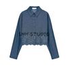 Spring New Women's Clothing French Hollow Embroider Decorative Long Sleeves Lapel Casual Short Shirt 3564060