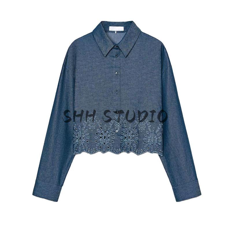 Spring New Women's Clothing French Hollow Embroider Decorative Long Sleeves Lapel Casual Short Shirt 3564060