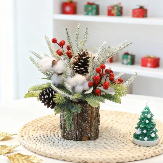 Christmas Artificial Snowy Pine Branches with Vase Faux Pine Cone Berry Arrangement Vintage Faux Cedar Greenery Picks for Home Indoor Fireplace Mantel