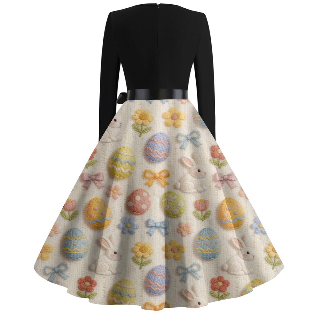 Rochie Retro cu Imprimeu de Crăciun, Casual, de Modă pentru Femei, cu Gât Rotund, Mâneci Lungi