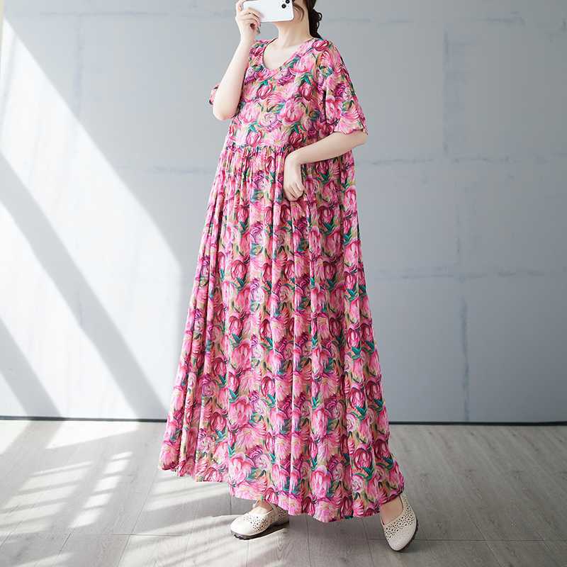 Women's Simple and Fashionable Long Skirt Summer Short Sleeved Round Neck Printed Dress