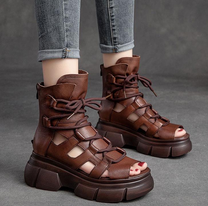 Fashion 6.5CM  Retro Genuine Leather Open Toe Sandals Women Summer Platform Increasing Hollow Back Zipper High Top Casual Sandals Black