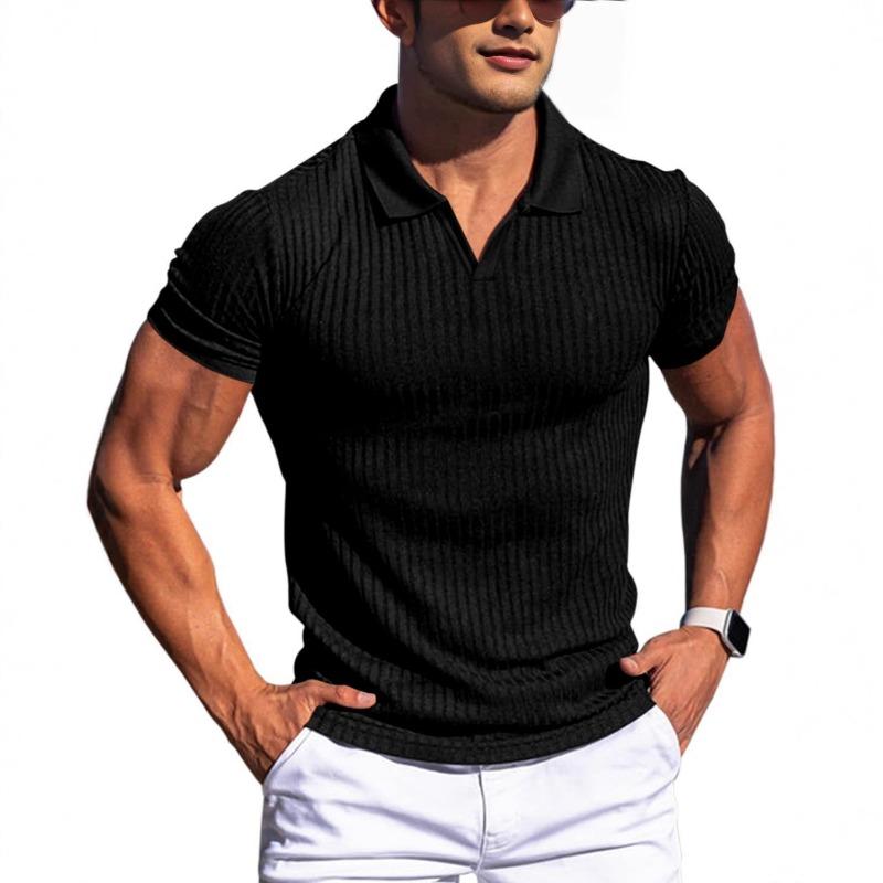 Men's Slim Fit Ribbed Polo Shirt Short Sleeve V Neck Casual Gray Knit Top