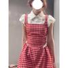 Sweet fake two-piece shirt strap dress children's summer college style bubble sleeve plaid skirt