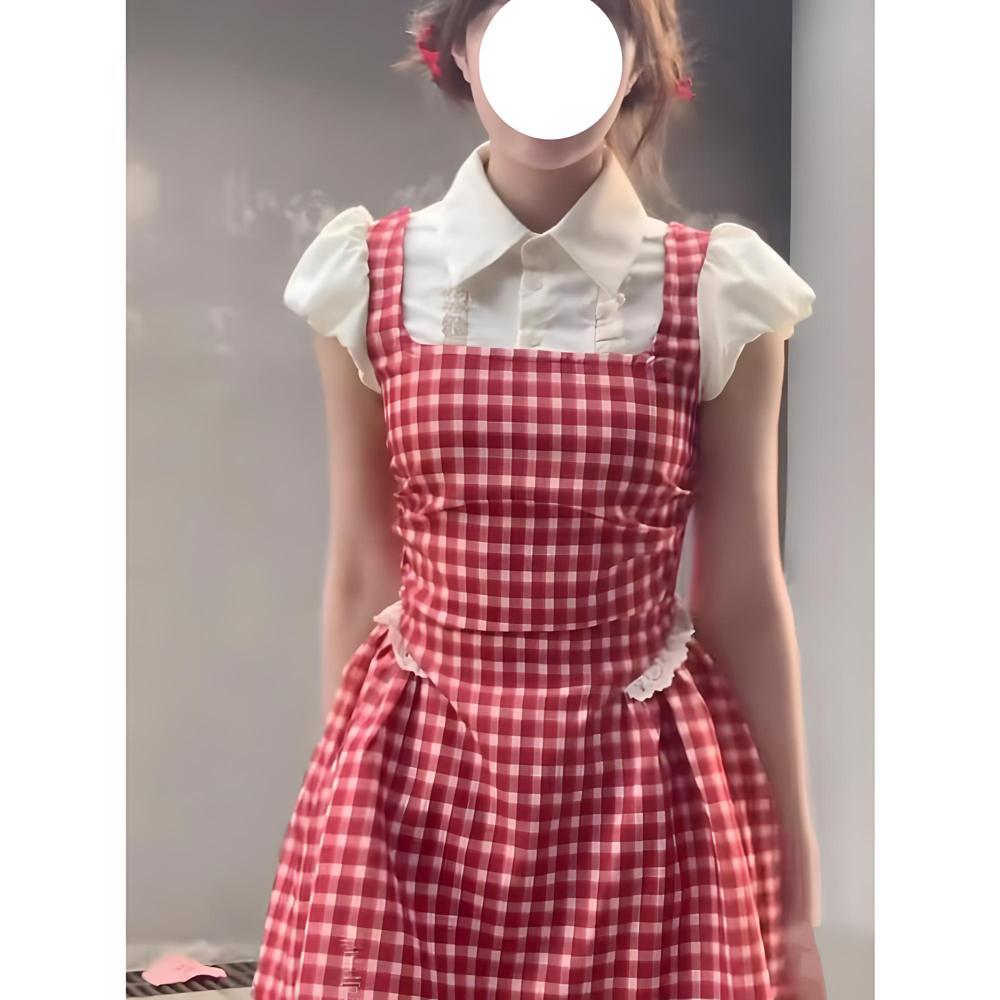 Sweet fake two-piece shirt strap dress children's summer college style bubble sleeve plaid skirt