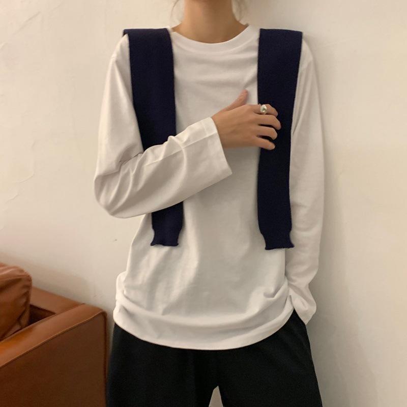 White Base Shirt for Autumn New Korean Style Women's Clothing Stylish Interior Solid Color Student Long Sleeved T-shirt Trendy