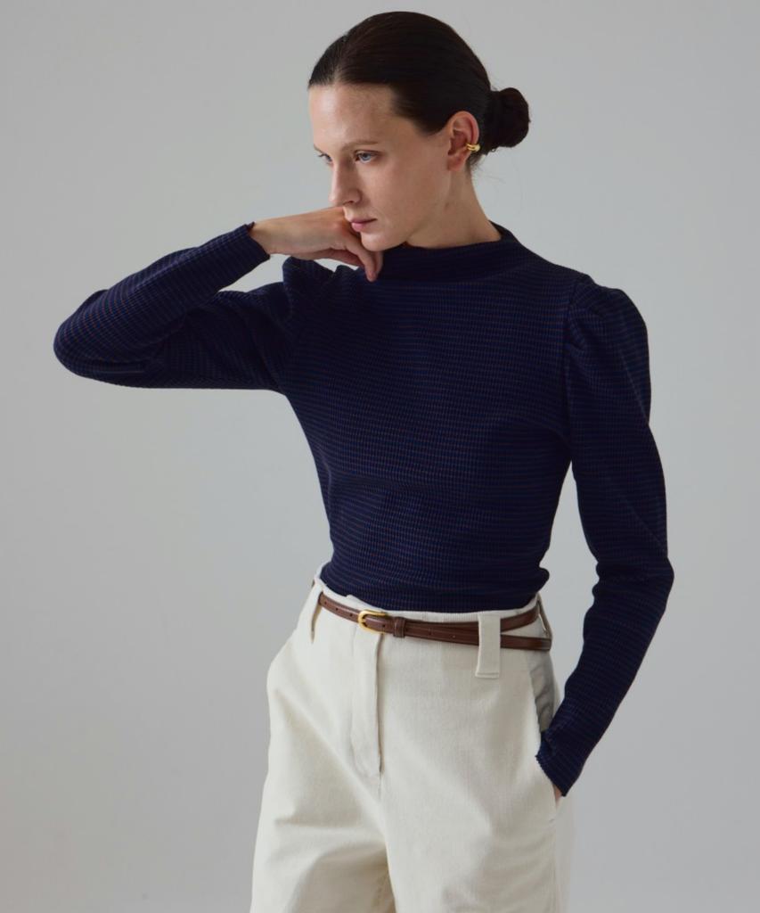Owaiwai Ribbed Puff Half-Neck T-Shirt_Stripe Navy