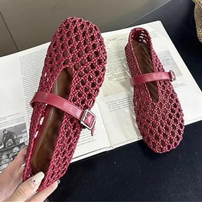 Sandalias Planas de Ganchillo Huecas de Moda para Mujer Verano Comodidad Punta Redonda Zapatos Moda Femenina Hebilla Antideslizante Playa Zapato Casual