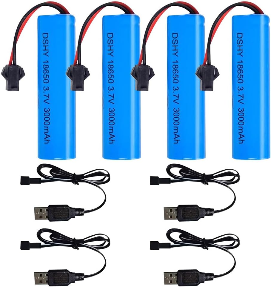 4Pcs Li-ion Batteries 3.7V 3000mAh with USB Chargers for RC Cars – Compatible with DE45 DE42 1:14 Off-Road and Drift Racing Models