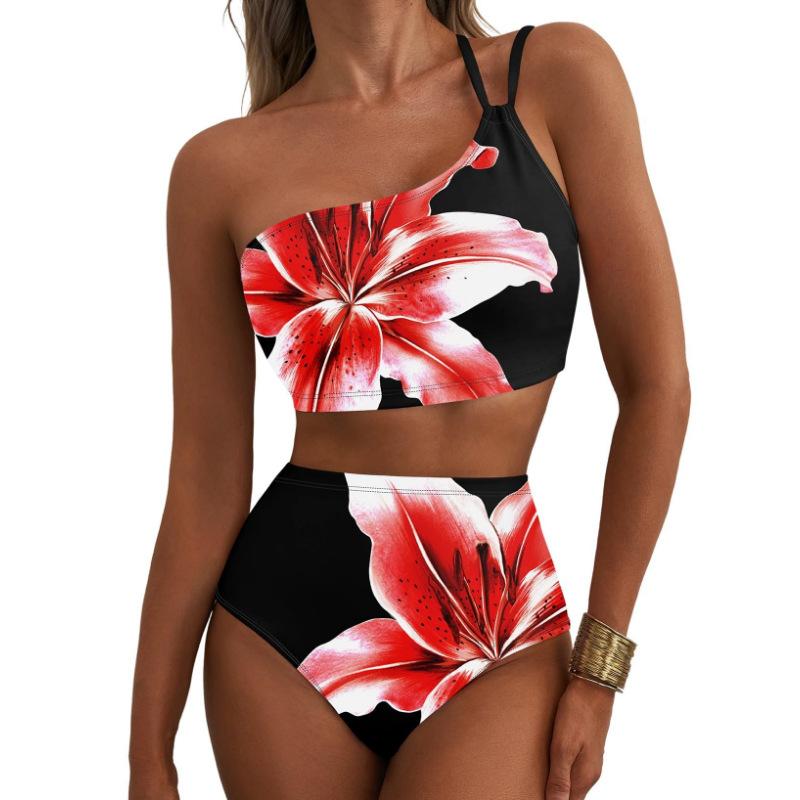 2026 Neues Damen High Waist Bikini-Set Ein Schulter Blumenmuster Badeanzug 2-teilig Bauch Badeanzug