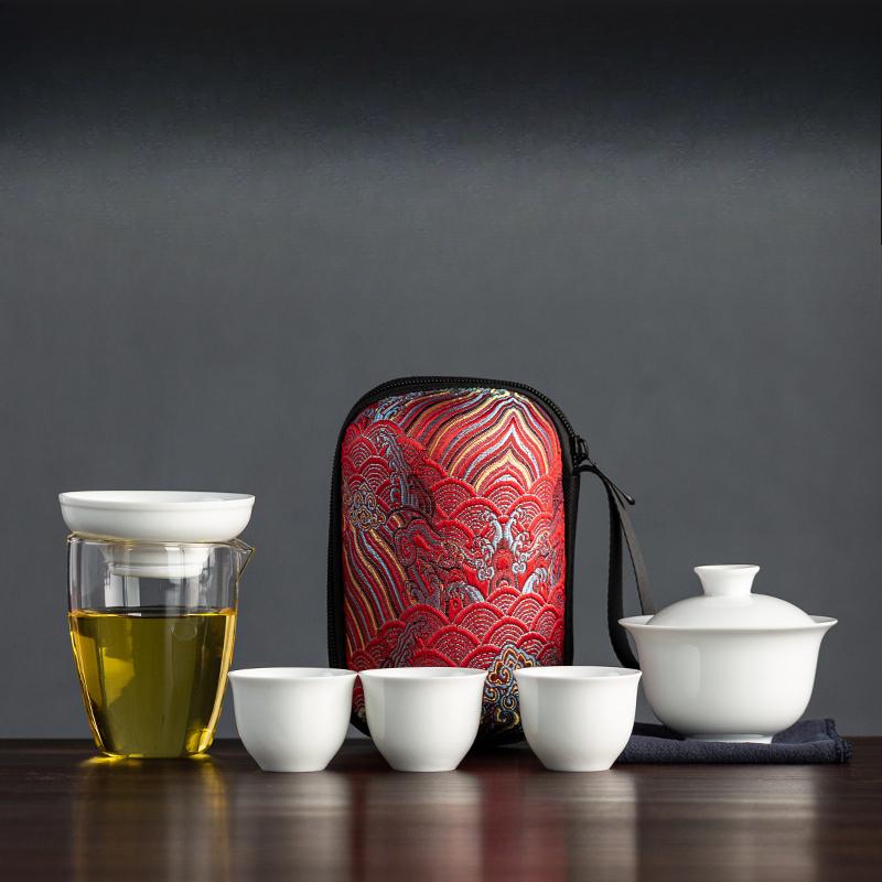Dehua White Porcelain Travel Tea Set Outdoor Travel Portable Glass Quick Cup Cover Bowl Small Three Cups