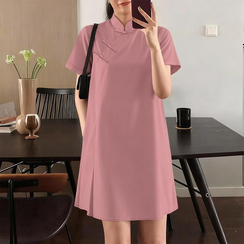 ZANZEA Damen Freizeit Stehkragen Sommer Kurzarm Kleid