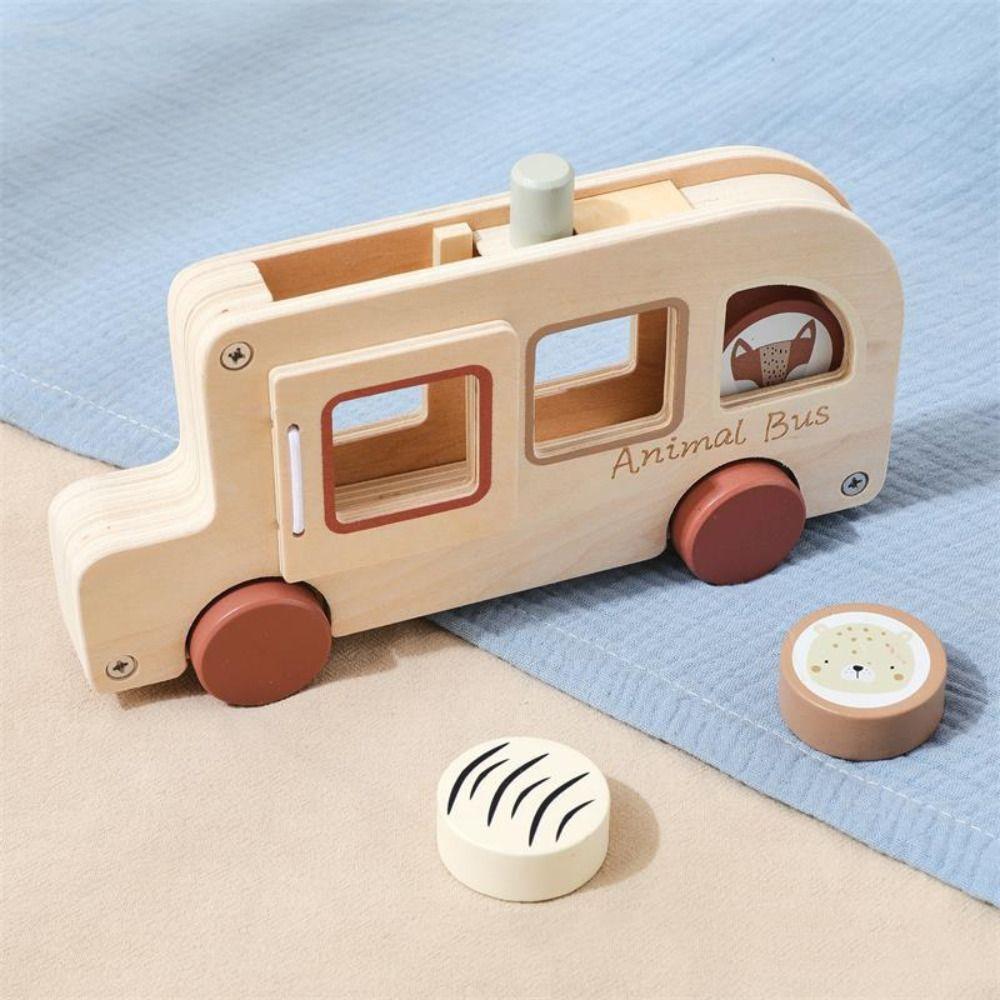 Wooden Material Hand-pushed Car Cylinder Blocks Wooden Cartoon Animal Bus  Early Learning