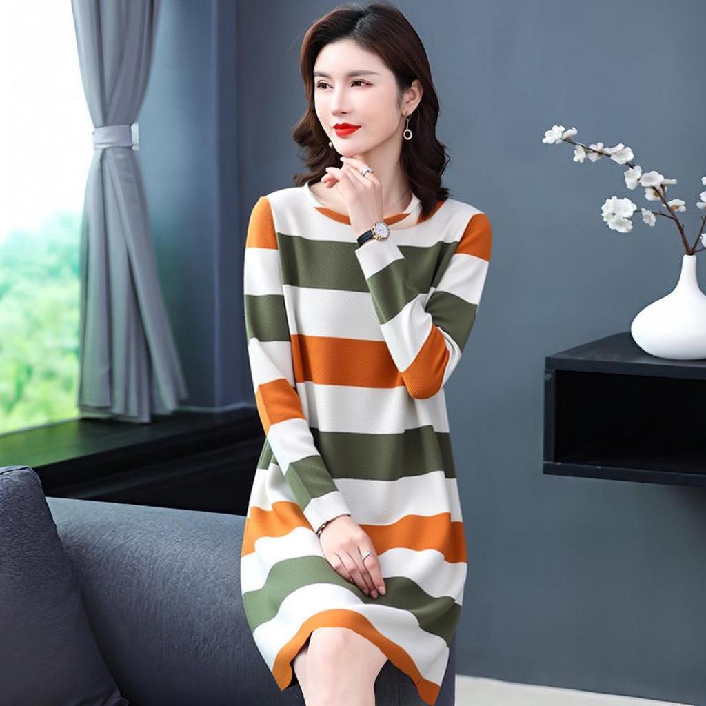 Spring & Autumn Striped Long Sleeve Slimming Dress - Plus Size, Age-Defying, Tummy-Tucking for Women