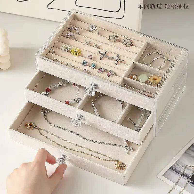 NEW 1pc Three-layer Velvet Jewelry Box Transparent Drawer Type Earring Bracelet Organizer Display Box Jewelry Diy Storage Box
