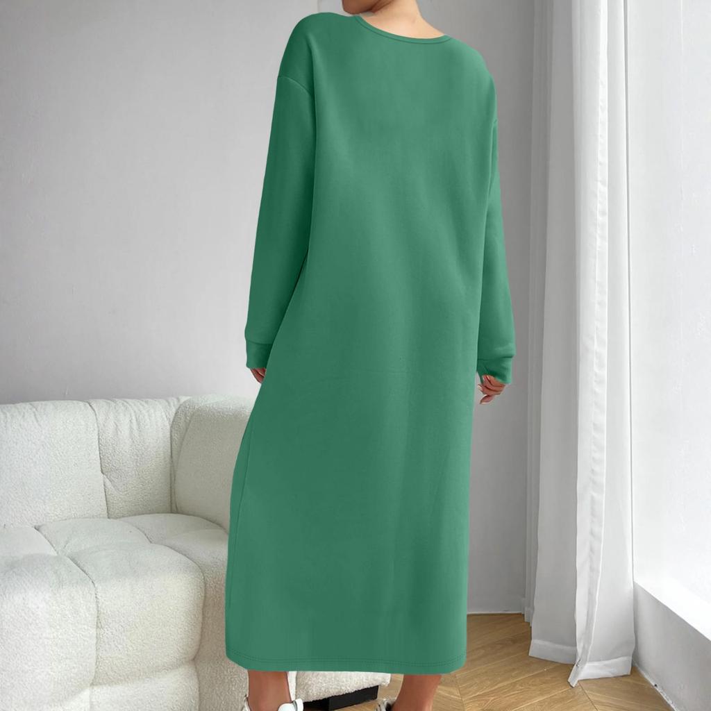 Women's Solid-color Fashionable Long-sleeved Round-neck Dress