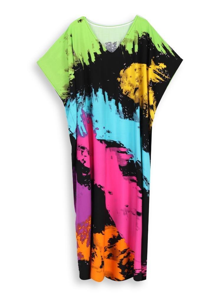 V Neck Bohemian Plus Size Printed Kaftan Dress Women Classy Long Vacation Swimsuit Cover Up