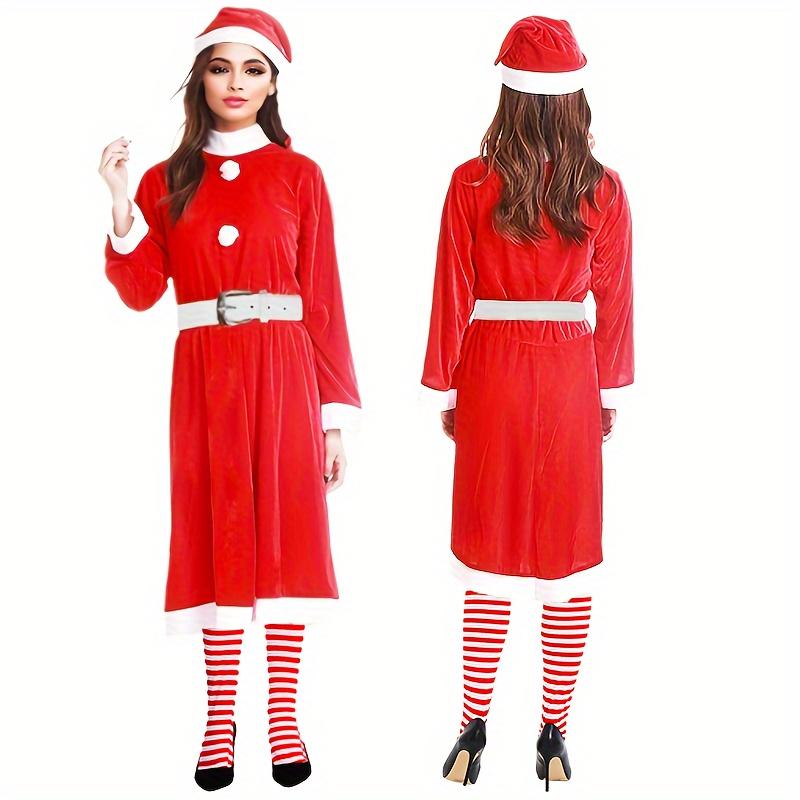 Women Christmas Santa Suit Long Dress Hat Belt Classic Red Santa Outfit Christmas  Halloween  Cosplay Party Decorations Cosplay