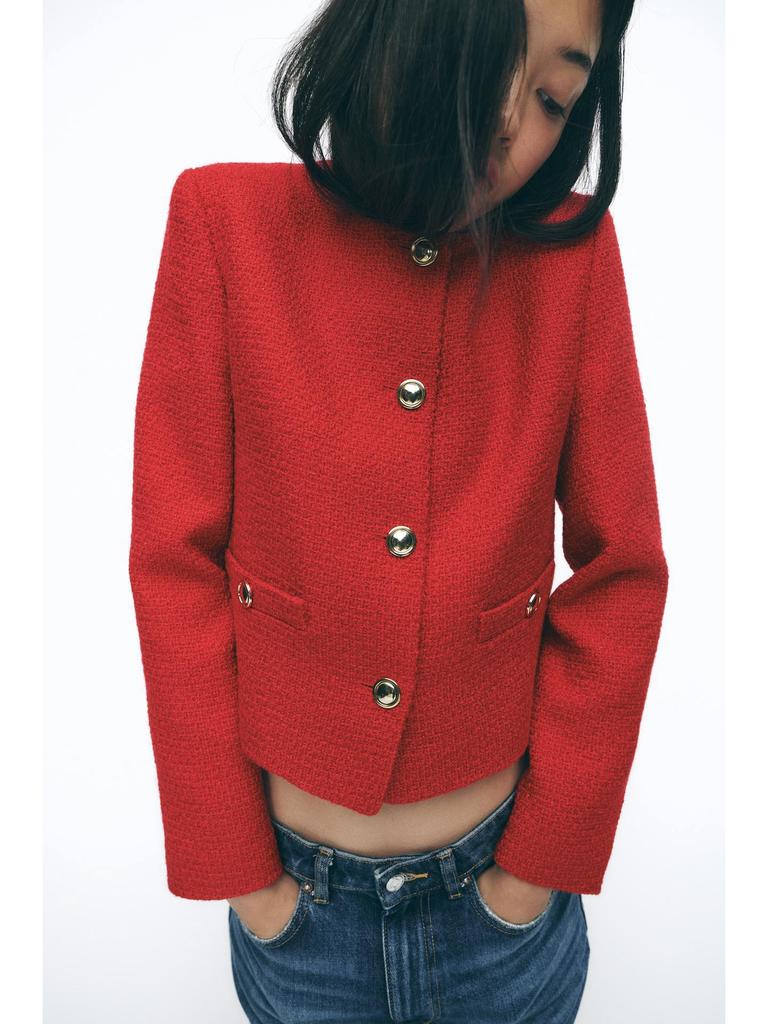 Dámská móda jaro 2025: Evropské a americké všestranné texturované sako ve francouzském stylu s knoflíkovou dekorací