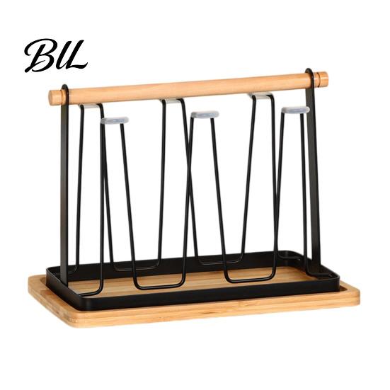 Space-saving Cup Rack Iron Drying with Wood Handle & Drip Tray Baby Bottle Hygienic Dryer Holder Space-Saving Countertop Organizer for Mugs