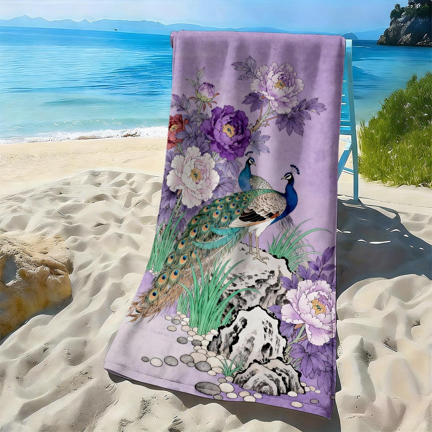 

Peacock and peony floral bird pattern polyester microfiber beach towel is highly absorbent, suitable swimming and beach outings W40*H60(CM)