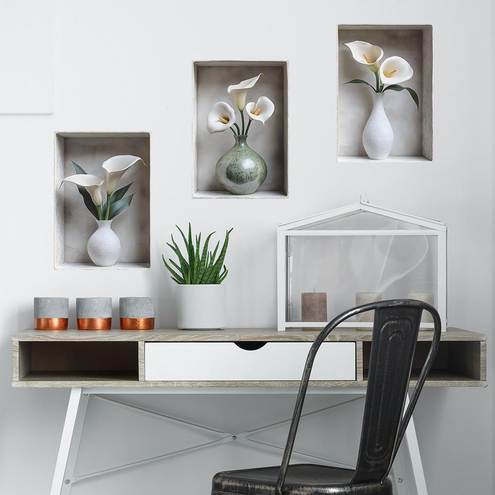 3 Pcs Art Simulation Flowers Vase Bedroom Living Room Home Background Beautification Wall Stickers