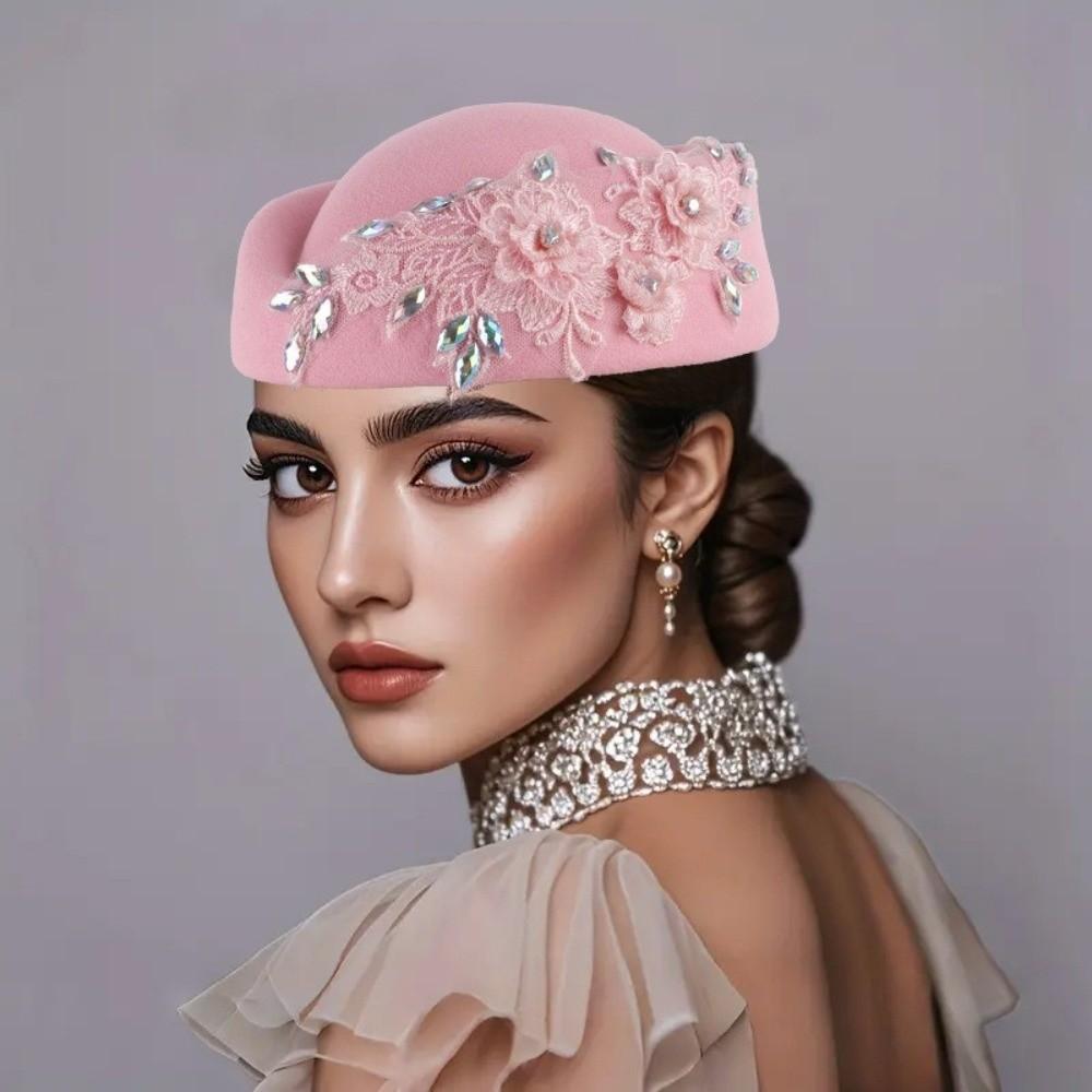New British Retro Top Hats Diamond Flower Applique Formal Stewardess Hat Concave Top Solid Flight Attendant Hat for Party