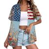 Women's Casual Short Sleeve Button Down Shirt with Collar Floral Print and Stars Stripes Pattern Lightweight Summer Top