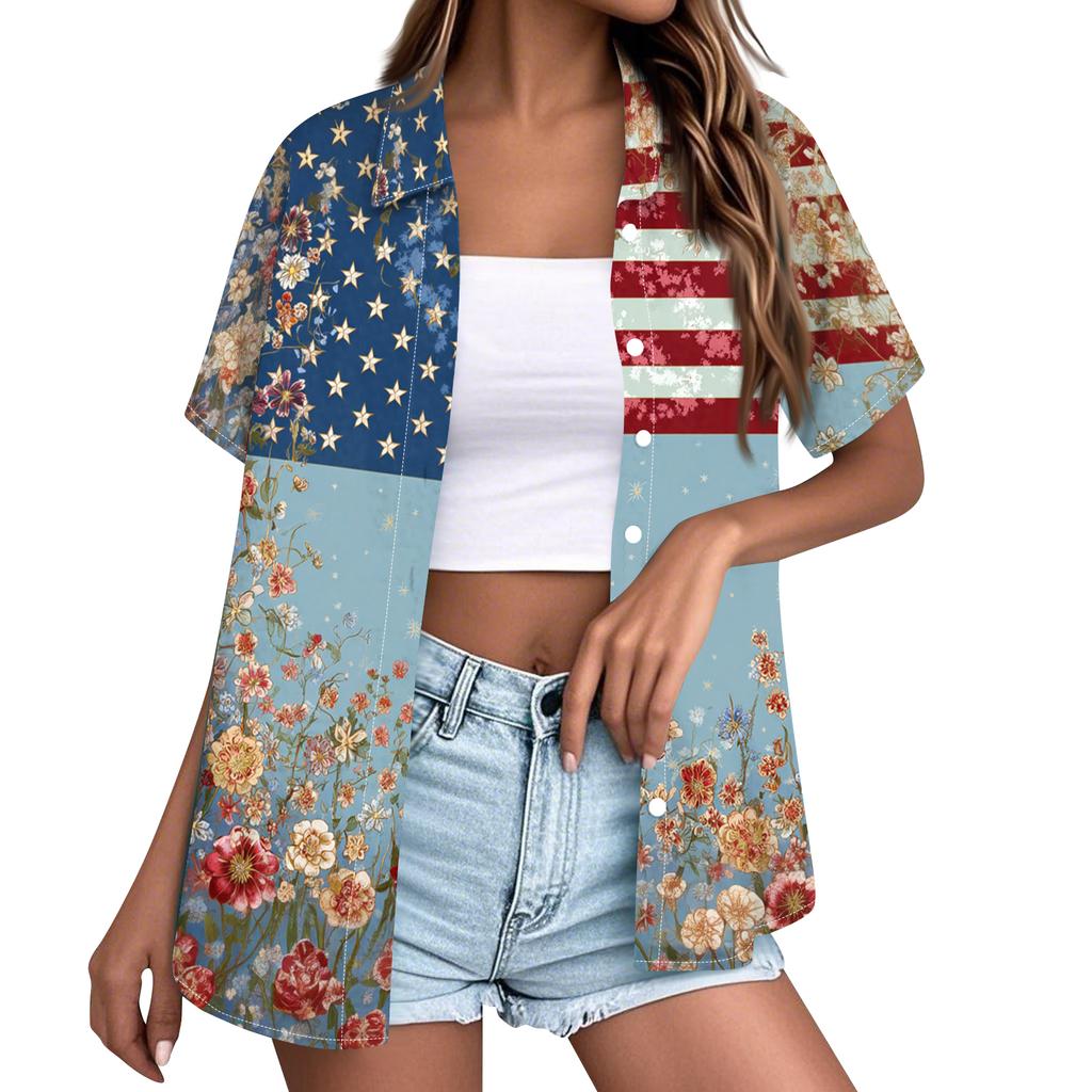 Women's Casual Short Sleeve Button Down Shirt with Collar Floral Print and Stars Stripes Pattern Lightweight Summer Top