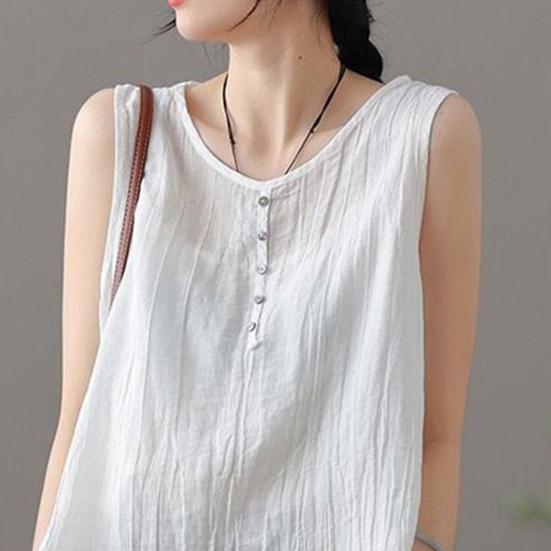 Women Summer Vest Round Neck Sleeveless Buttons Decor Tank Tops Solid Color Loose Fit Thin Camisole Streetwear