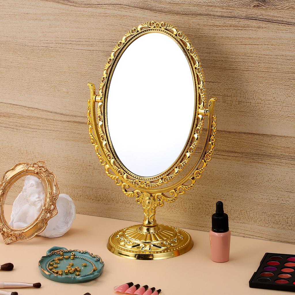 1 Stück Europäischer Stil Spiegel Retro Doppelseitig Oval Schreibtisch Kosmetikspiegel Drehbar 360 Grad für Zuhause Badezimmer Schlafzimmer
