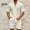 Conjunto de 2 peças de roupa de verão masculina, lapela, manga curta, botões, camisa, cintura elástica, shorts, conjunto de agasalho de cor sólida