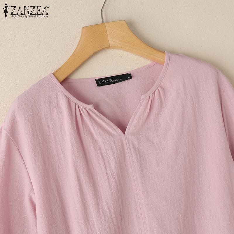 ZANZEA Women V-Neck Loose Casual 3/4 Sleeve Cotton Blouse