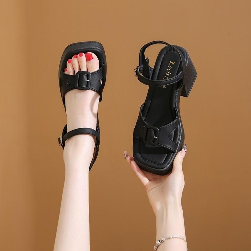 Fashion Women's Thick Sole Sandals Solid Color Casual Shoes One Line Buckle High Heel Sandals Women's Wedge Shaped Fish Mouth Shoes