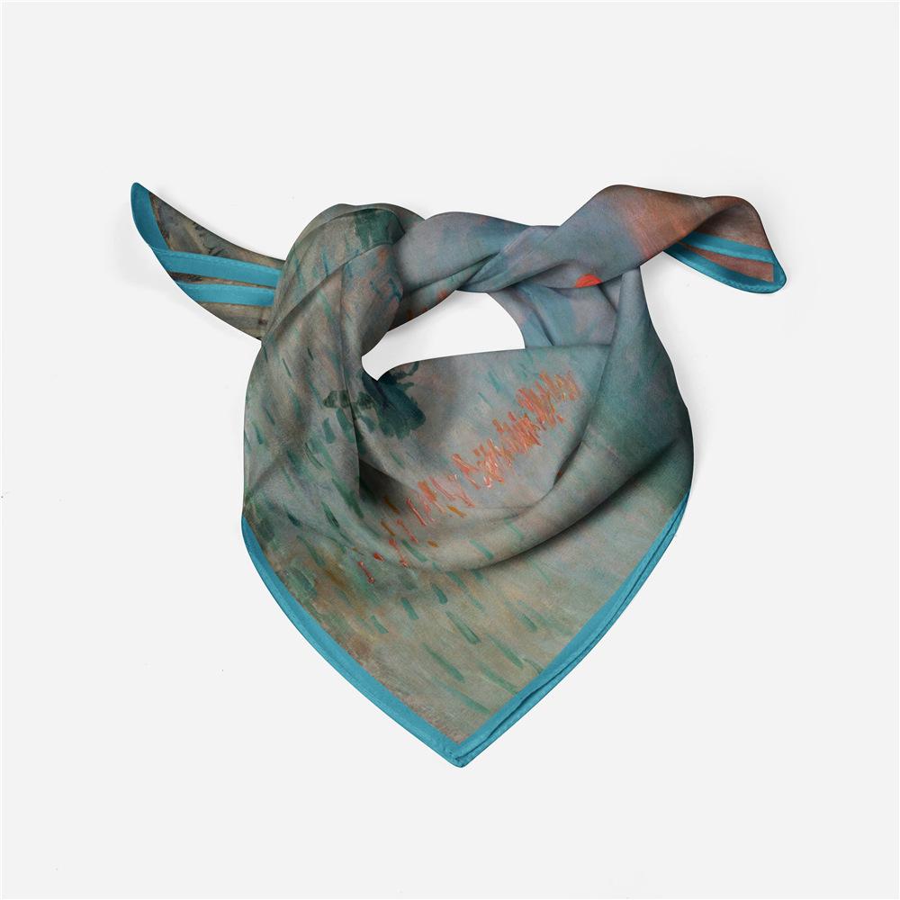 53CM Silk Scarf Woman Sunset Painting Square Scarves Wraps Bandana Small Hijab Silk Foulards Tie Headband Neckerchief