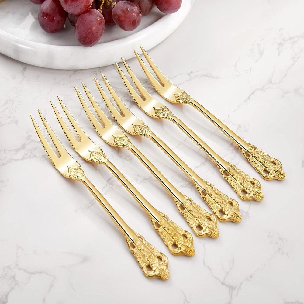 

6 шт. Золотая ретро-вилка из нержавеющей стали Нержавеющая сталь Золотая винтажная фруктовая вилка для фруктов
