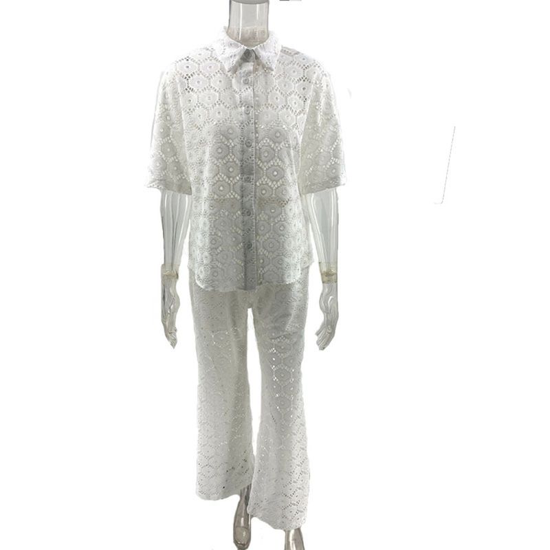 2025 New Fashion Lapel Hollow Lace Short sleeve Top Breasted Shirts Trousers Vacation Set Lace Suit