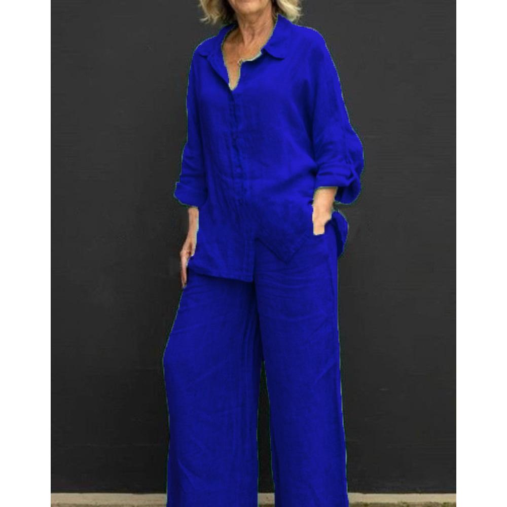 Fashion Cotton Linen Shirt Long Sleeved Women's Set Spring Autumn Loose Cotton Linen Wide Leg Trousers Female Office 2piece Set