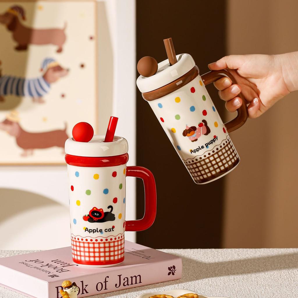 Cute Large-capacity Ceramic Polka Dot Mug with Lid High-value Girl Office Couple Birthday Gift Girl