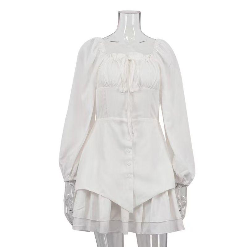 

French style Square Collar Temperament Puff sleeve Waist Hugging Pleat Fashion Short Dress Square Collar Dress White L
