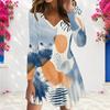 Women Plus Size V Neck Long Sleeve Printed White Teal A Line Dress