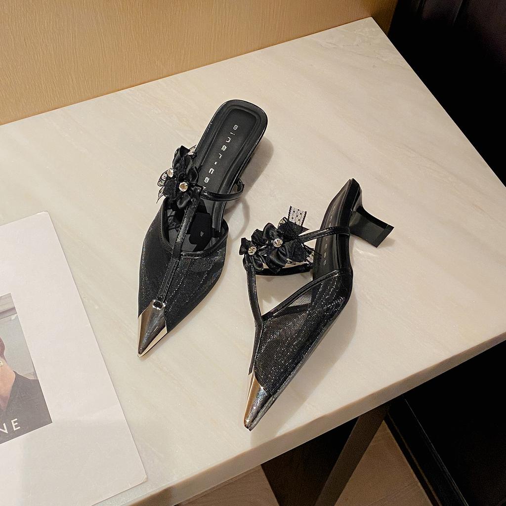 59016 High-heeled Slippers Women's Thick Heel 2025 New Bag Head Mesh Sandals Pointed Bow Light Mouth Single Shoes