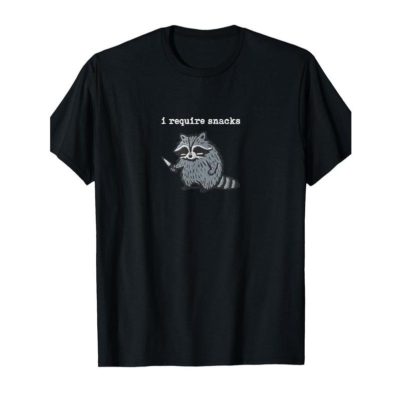 

European sizes s & s i Require Snacks Raccoon Graphic T-Shirt - Black & White Vintage Stretchy Casual Tee with Cute Raccoon & Snack Design 4XL чорний