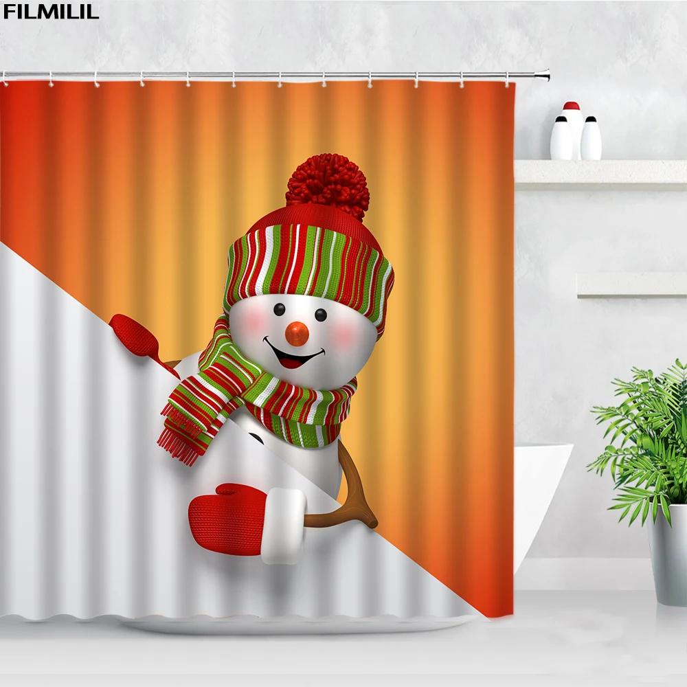 Funny Christmas Snowman Shower Curtains Skiing Winter Forest Color Xmas Ball Gift New Year Bathroom Decor Bath Curtain Set Hooks