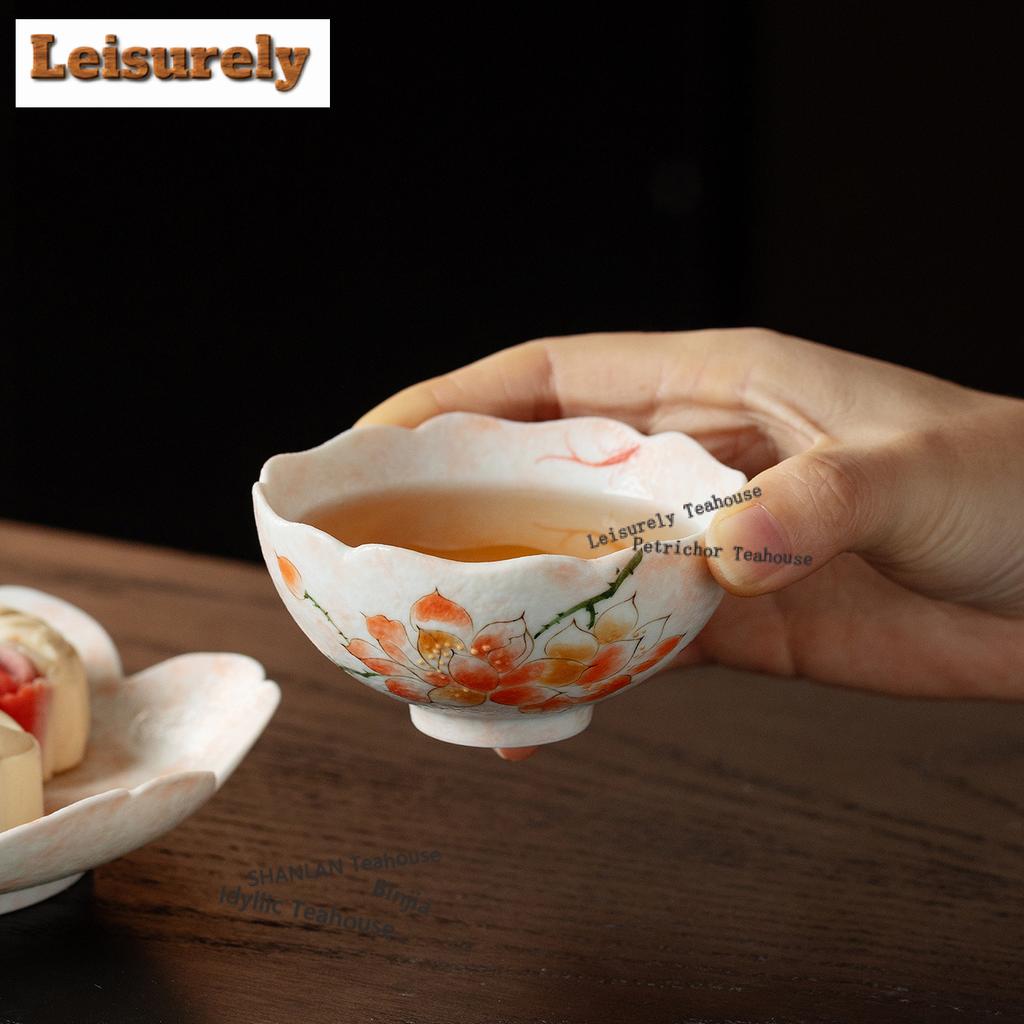 80ml Hand-painted Pink Magnolia Flower Mouth Teacup Luxury Tea Bowl Set Of Cups Tea-tasting Fragrance Cup Jianzhan Master Cups