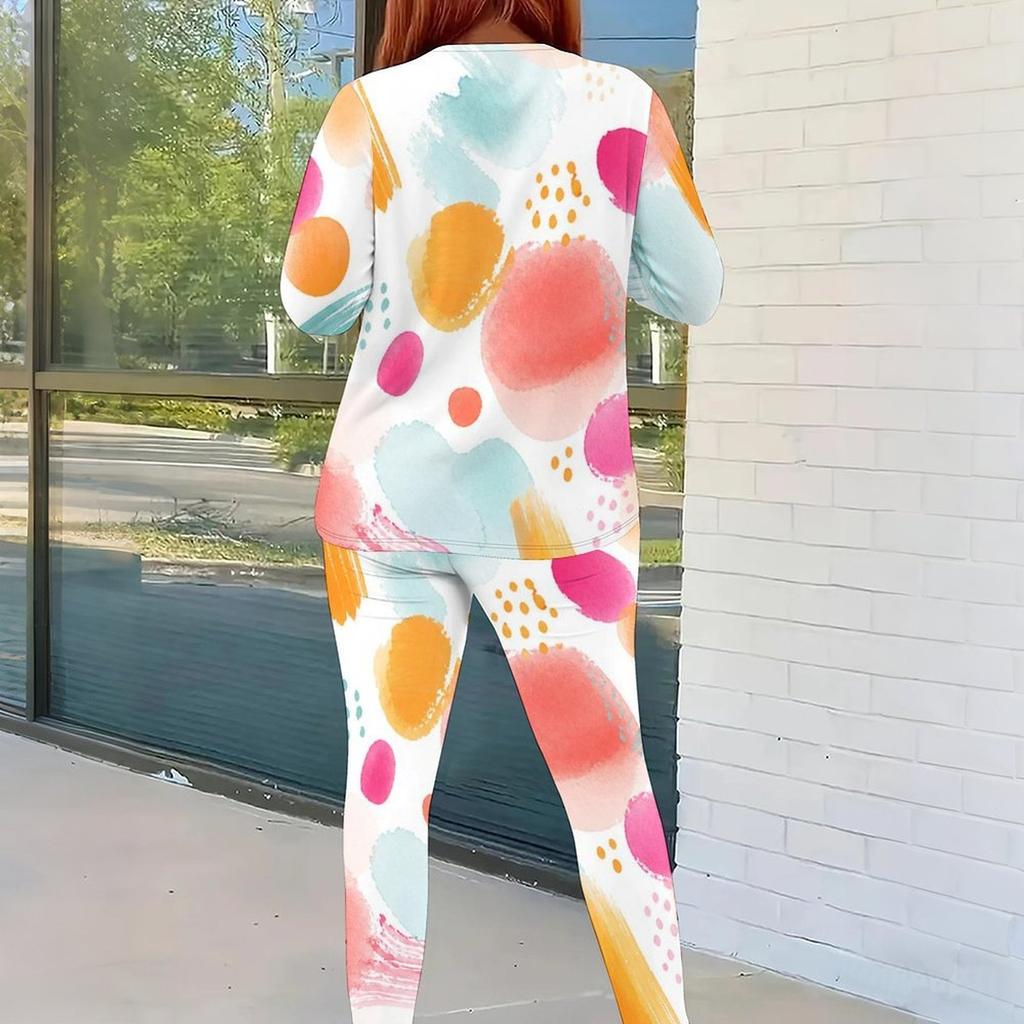Women Plus Size Colorful Printed Round Neck Long Sleeve Top And Fitted Pants Two Piece Set